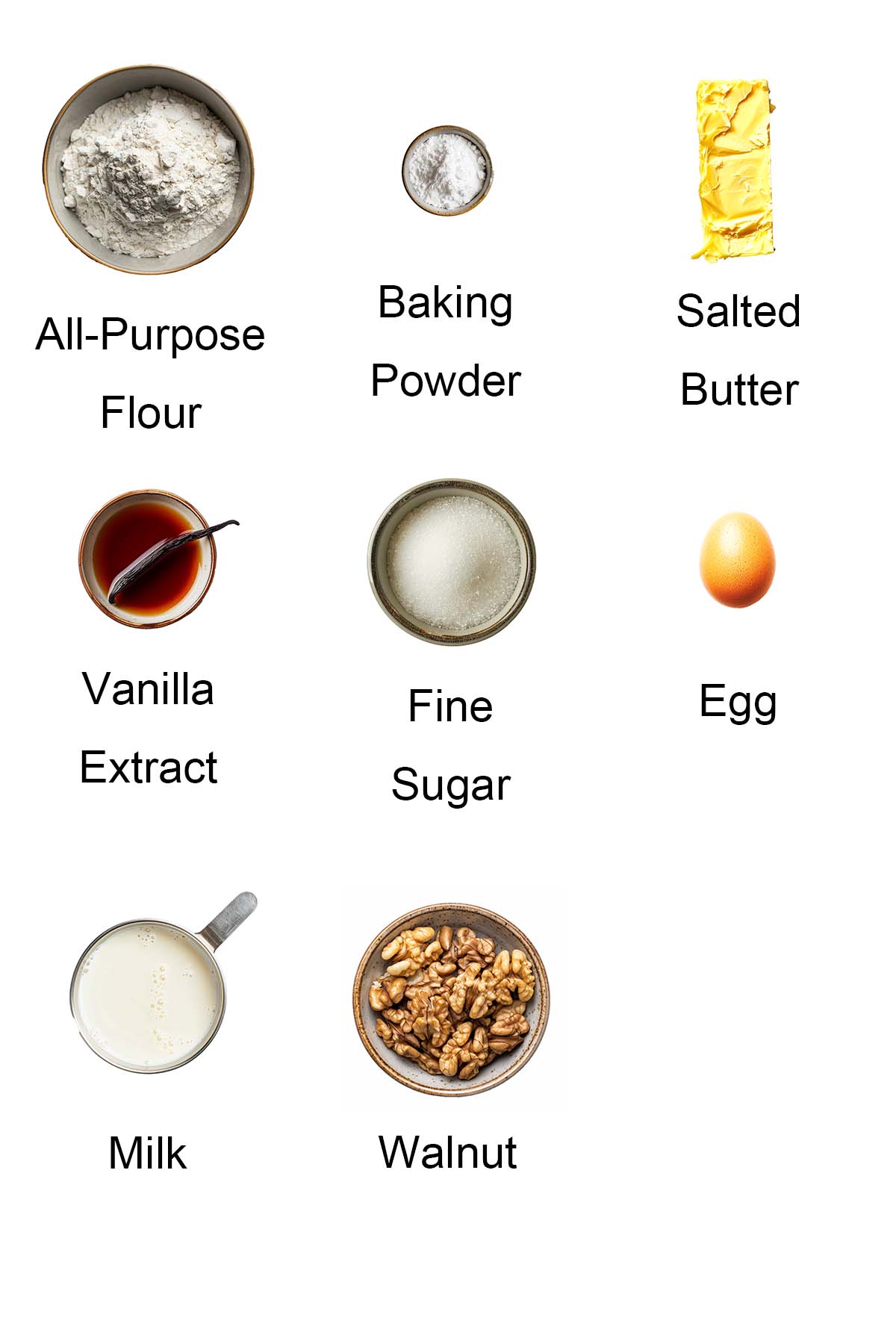 Ingredients for walnut butter cake.
