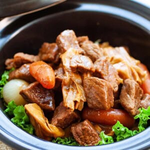 Asian beef stew in a clay pot.