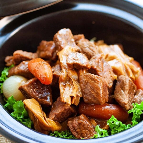 Asian beef stew in a clay pot.