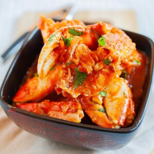 Chili crab served in a bowl.