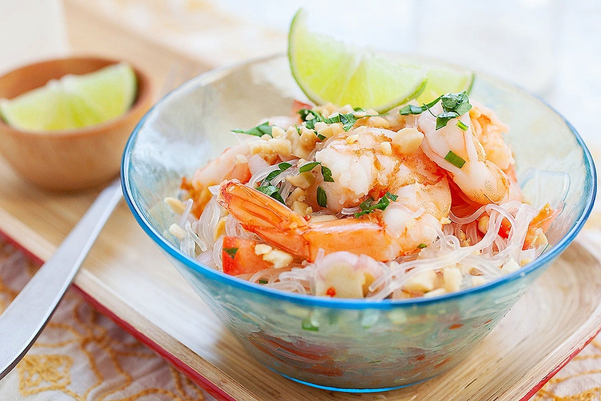 Yum woon sen salad with big prawns and glass noodles.