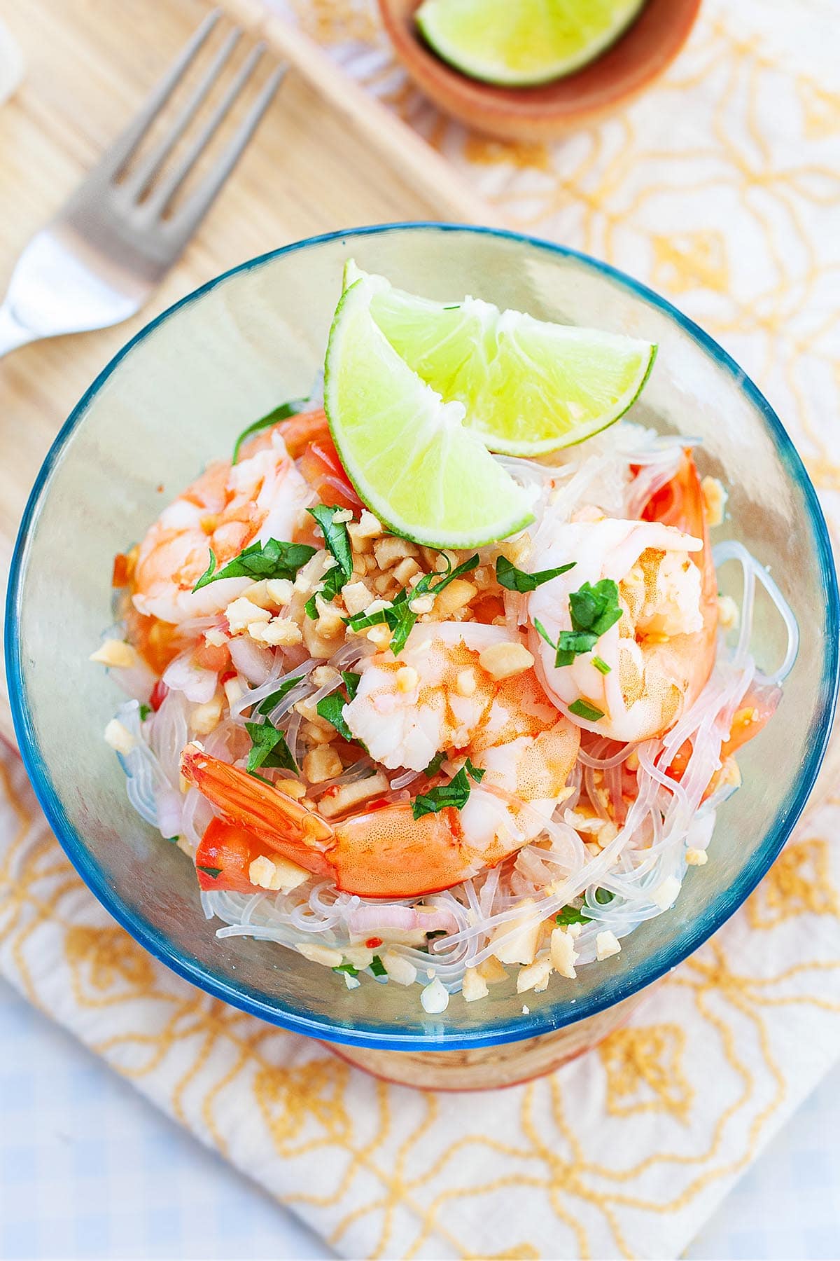 Thai glass noodle salad with shrimp with a sweet chili-lime dressing. 