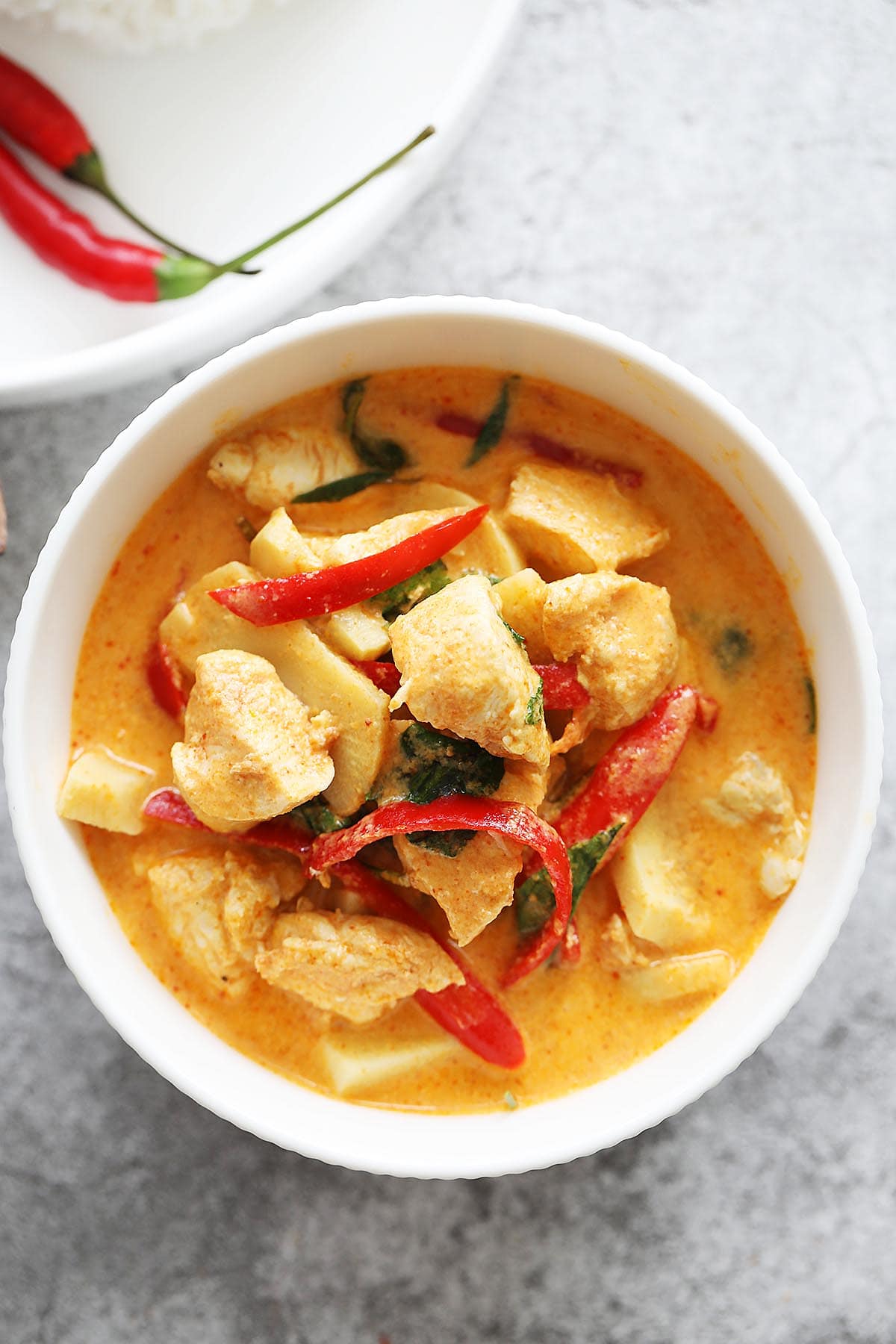 Authentic Thai red curry served in a bowl. 