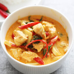 Easy red curry recipe with chicken, bamboo shoots and Thai basil.