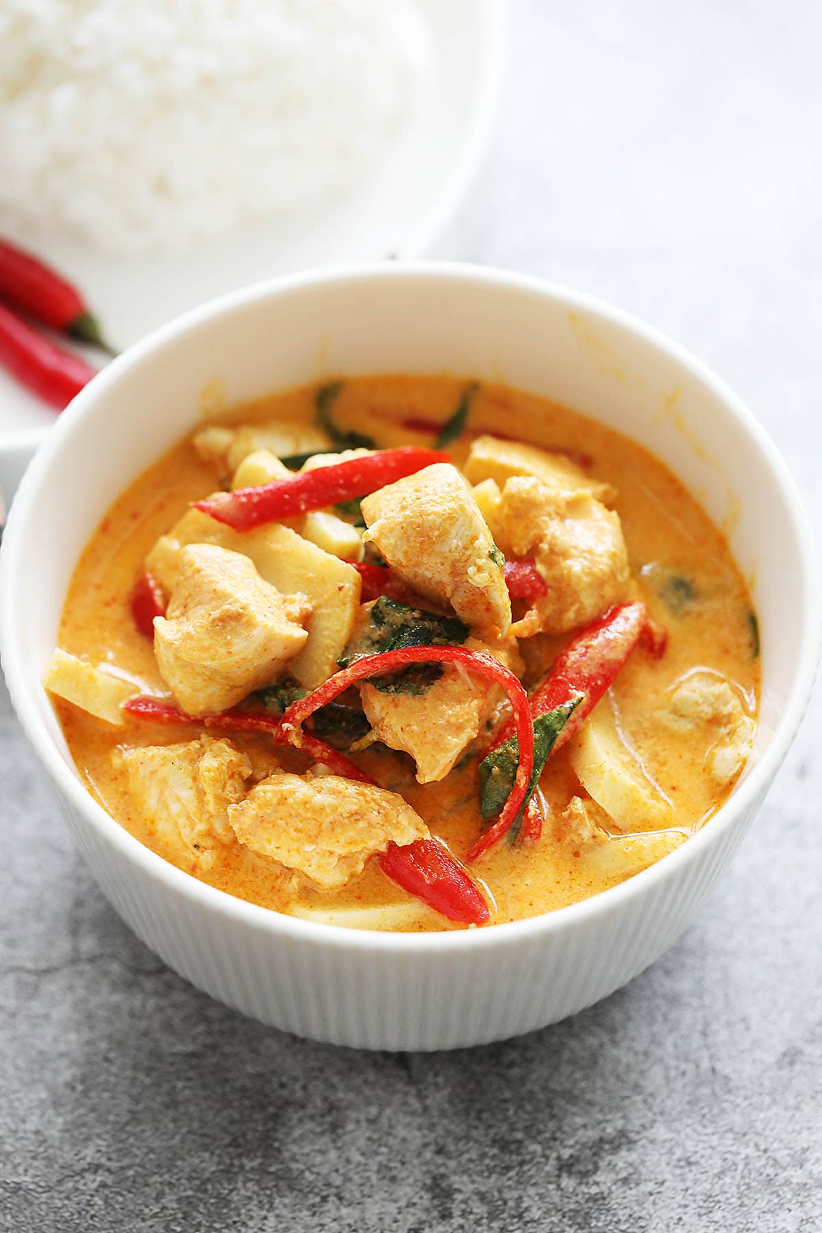 Easy red curry recipe with chicken, bamboo shoots and Thai basil. 