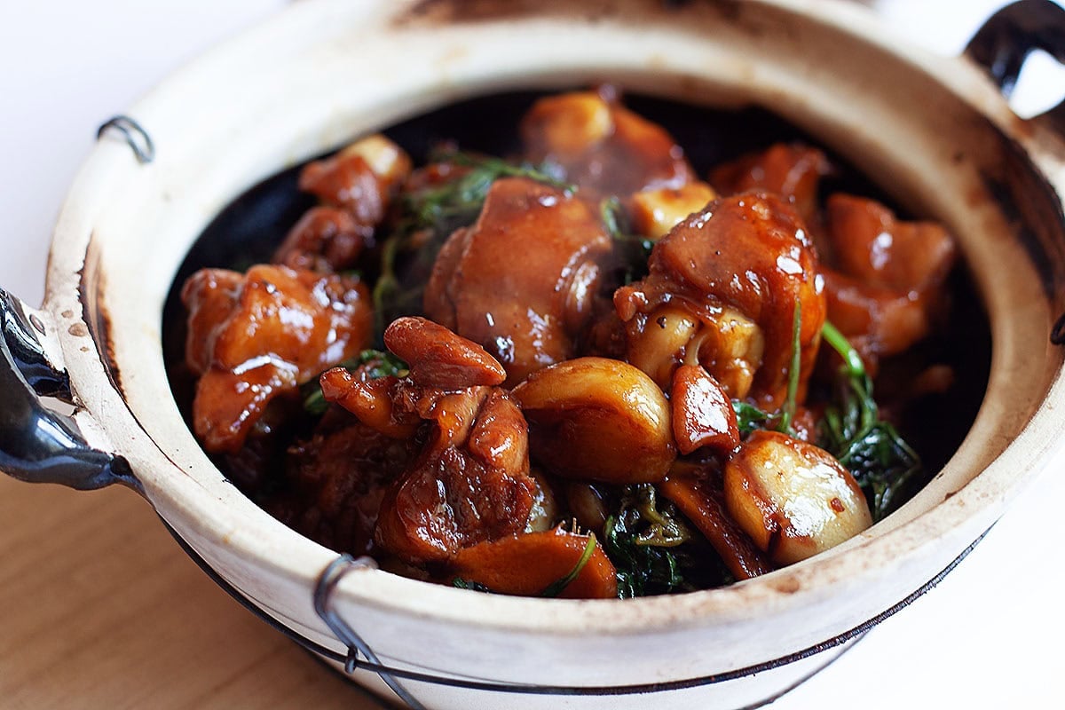 Steaming hot Taiwanese three-cup chicken. 