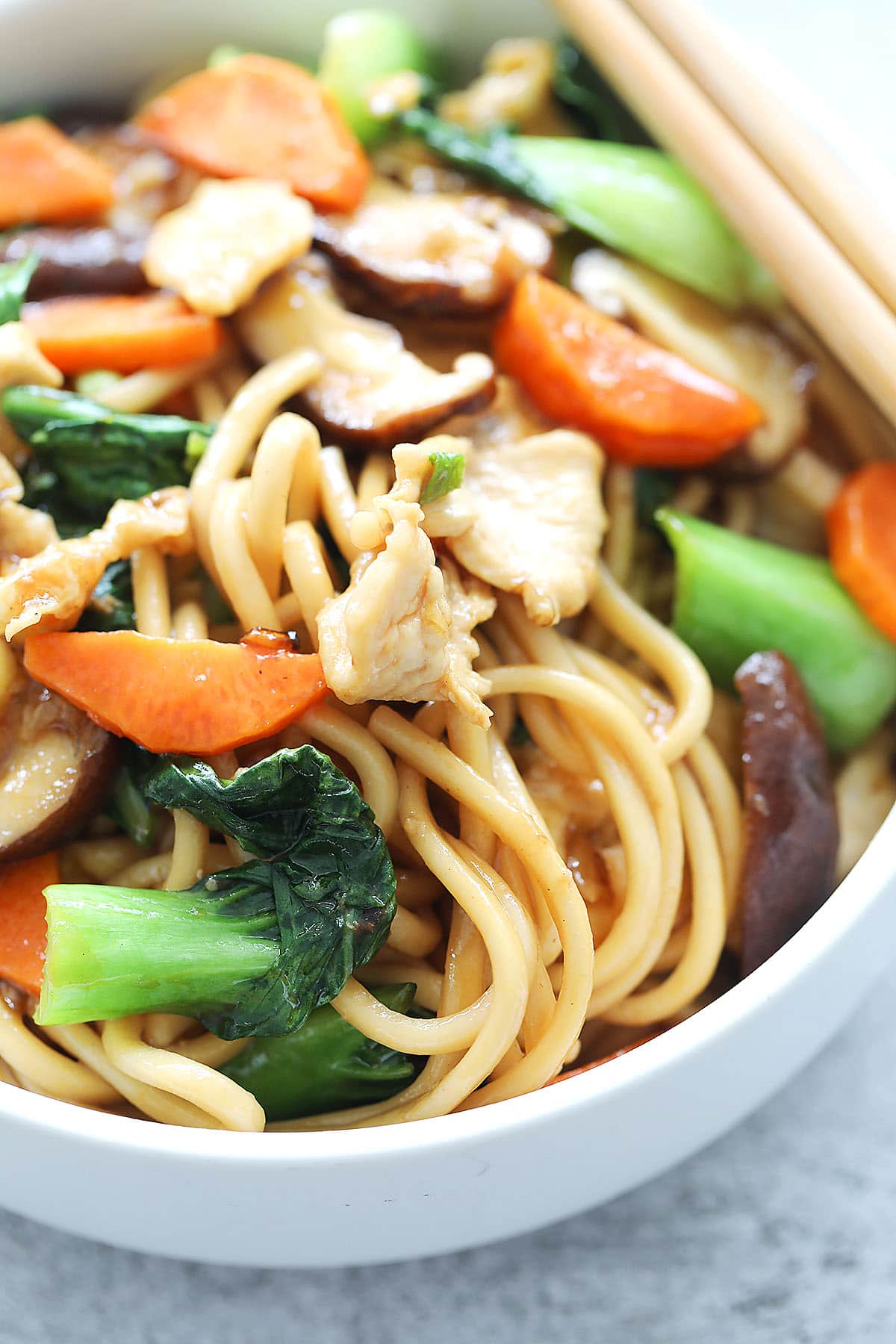 Chicken lo mein noodles with carrots, vegetables in chicken lo mein sauce.