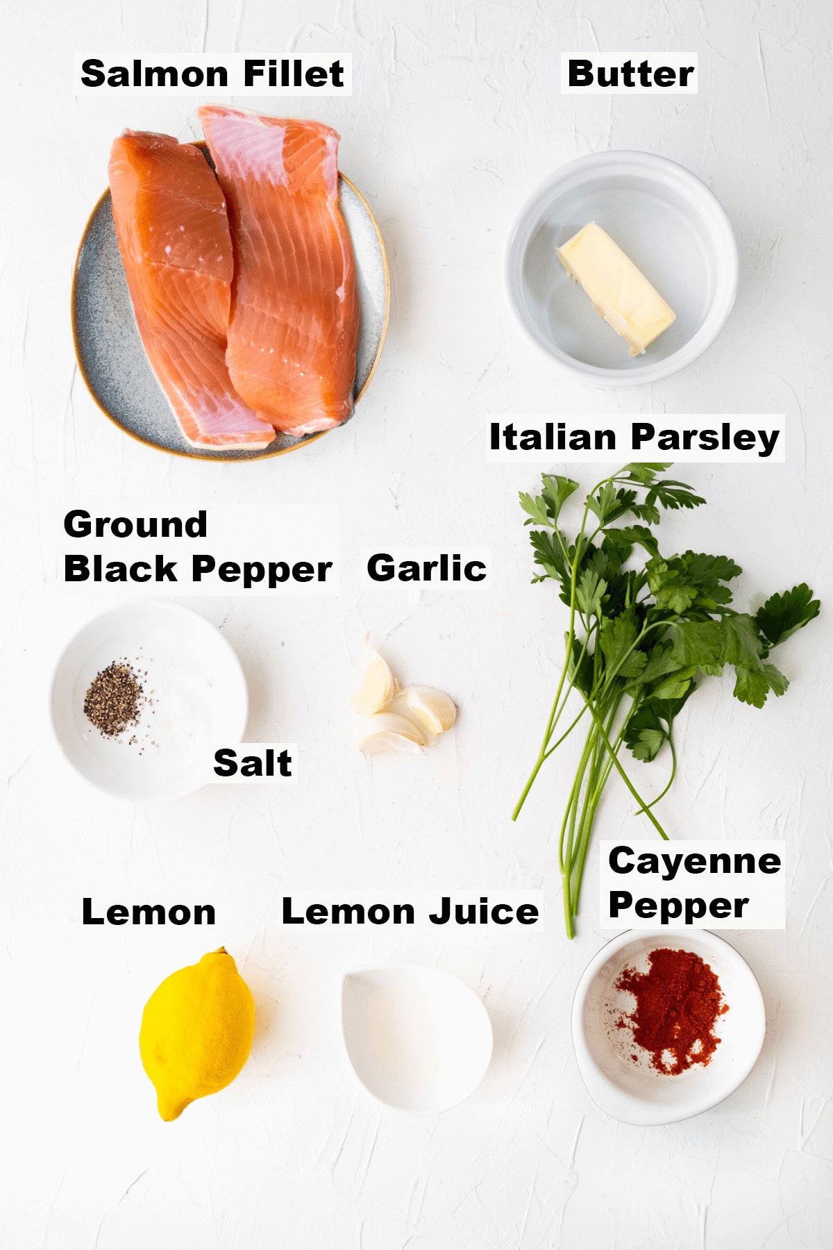 Ingredients for garlic herb roasted salmon.