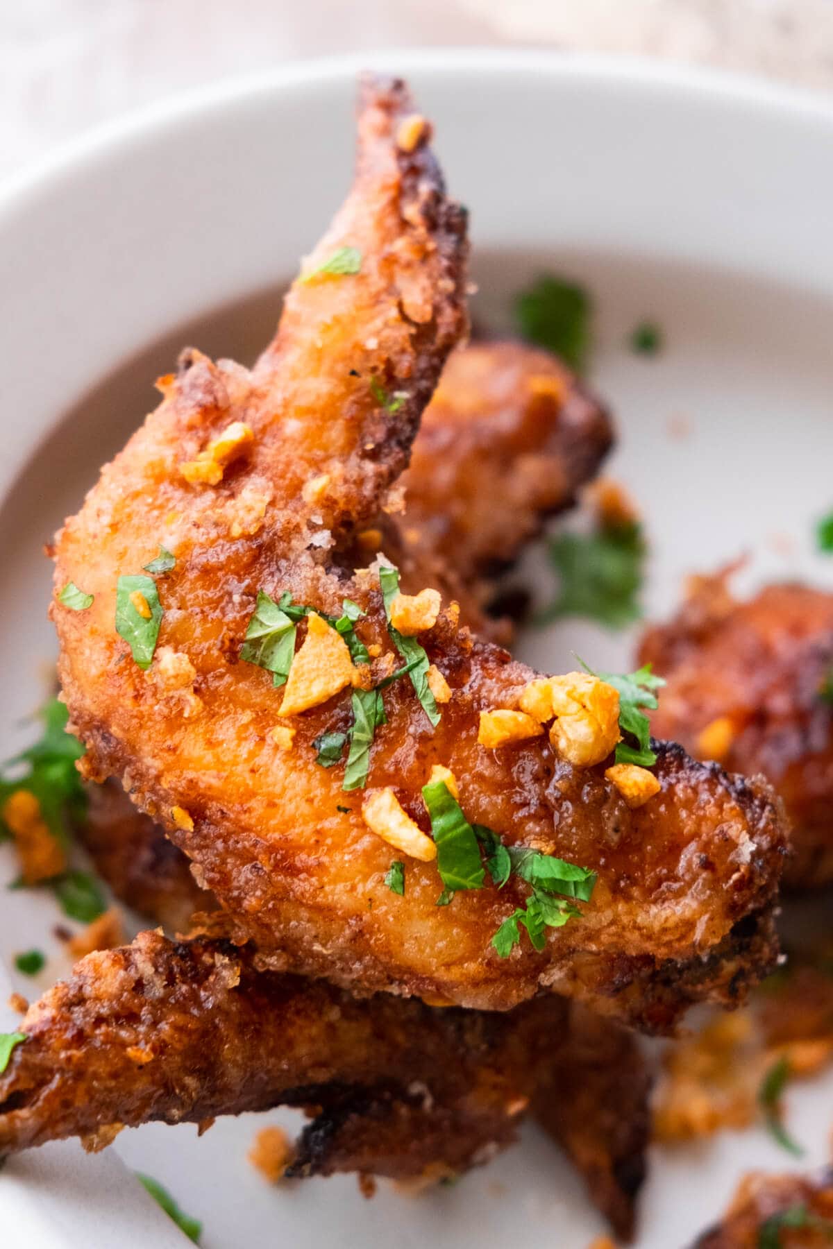 Close up on Vietnamese fish sauce wings. 