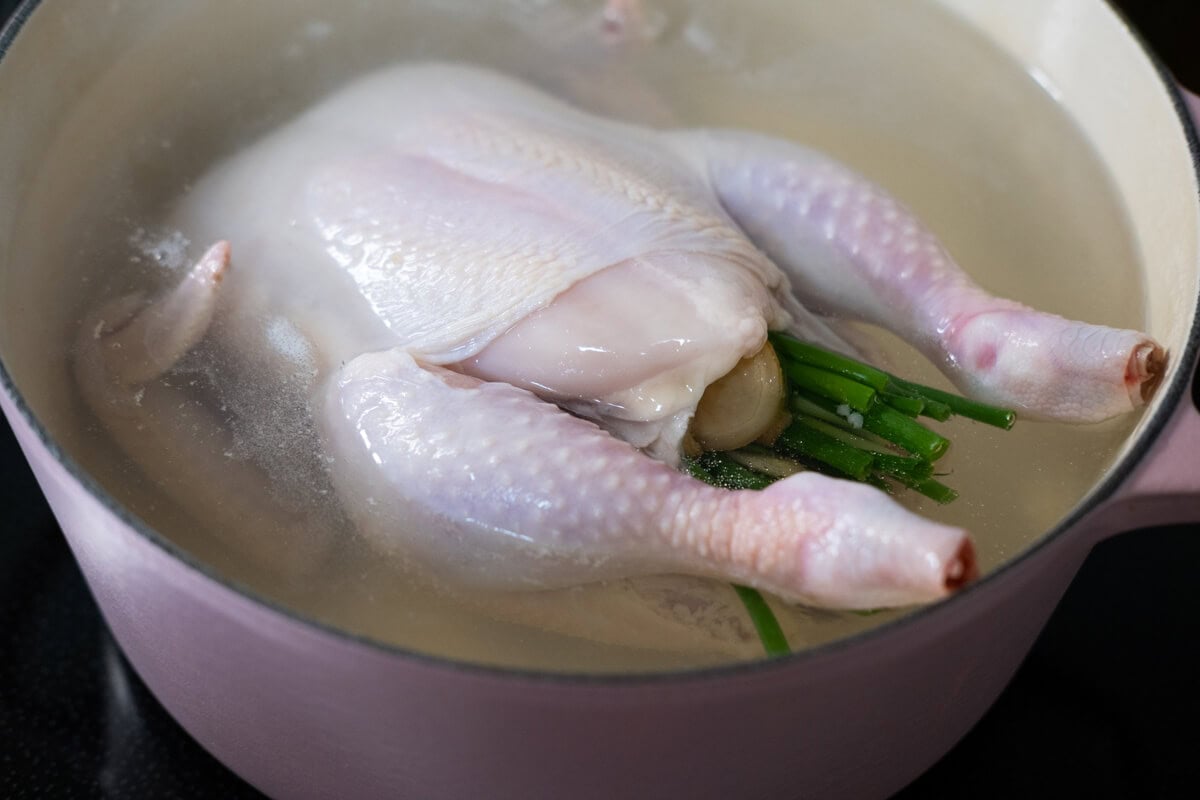 Whole chicken in a stockpot.