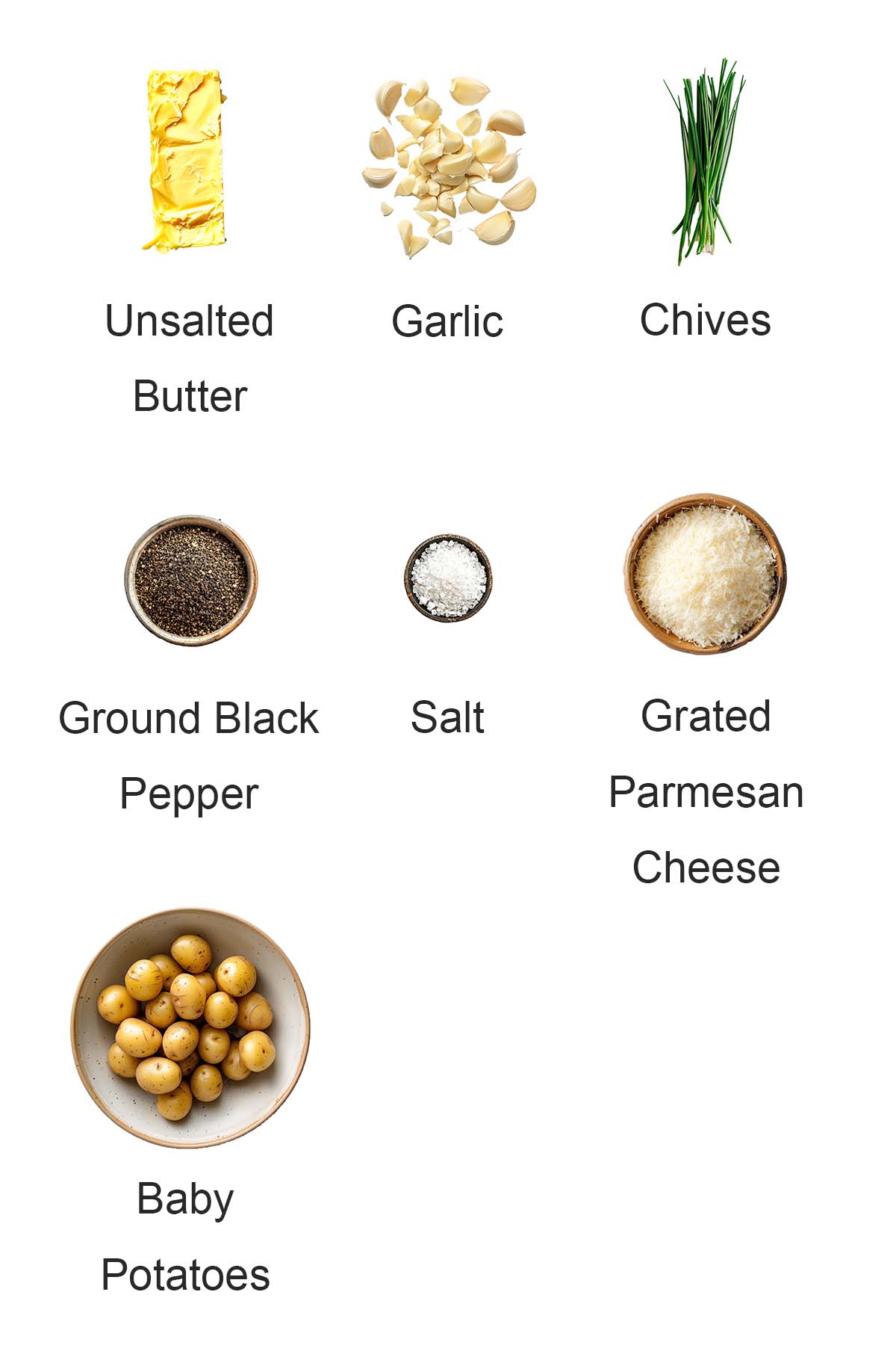 Ingredients for garlic chive butter roasted potatoes.