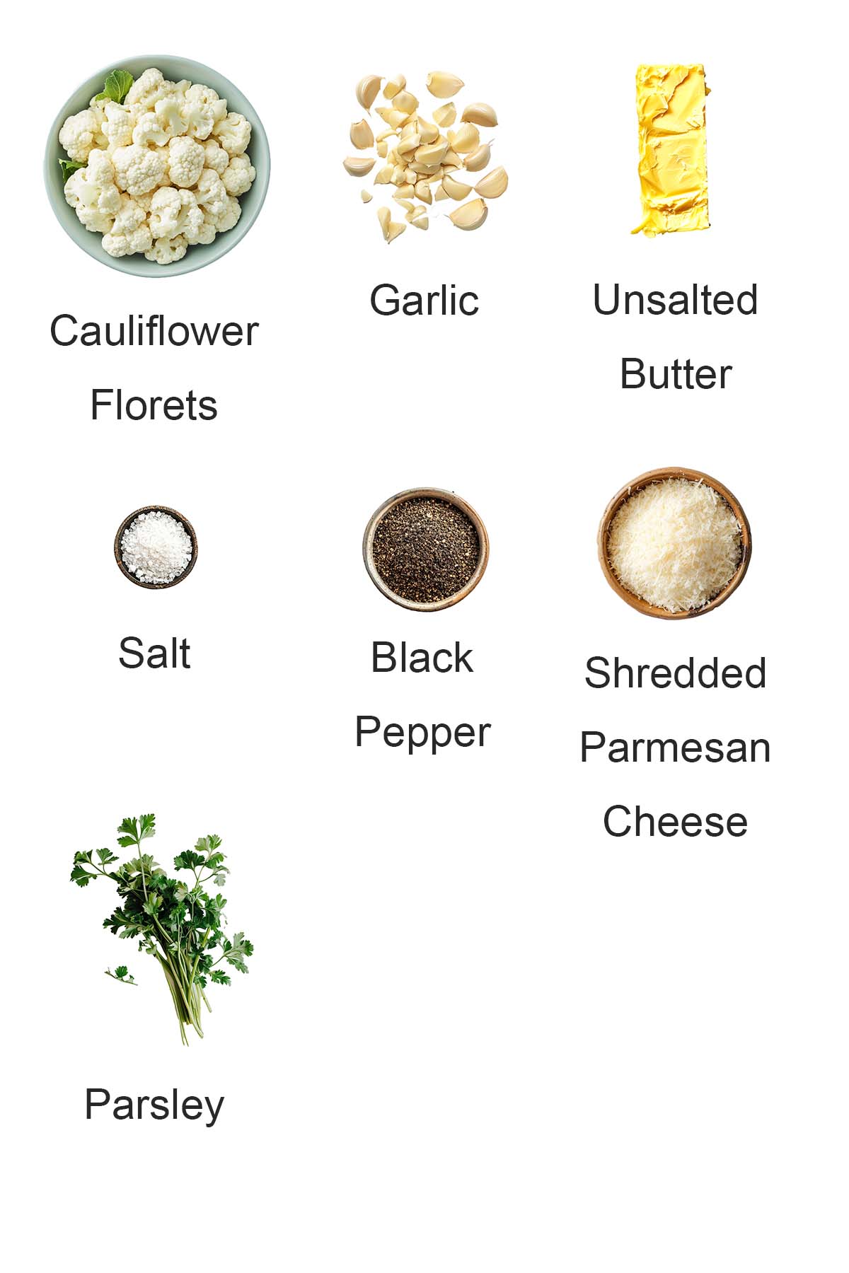 Ingredients for garlic parmesan roasted cauliflower.