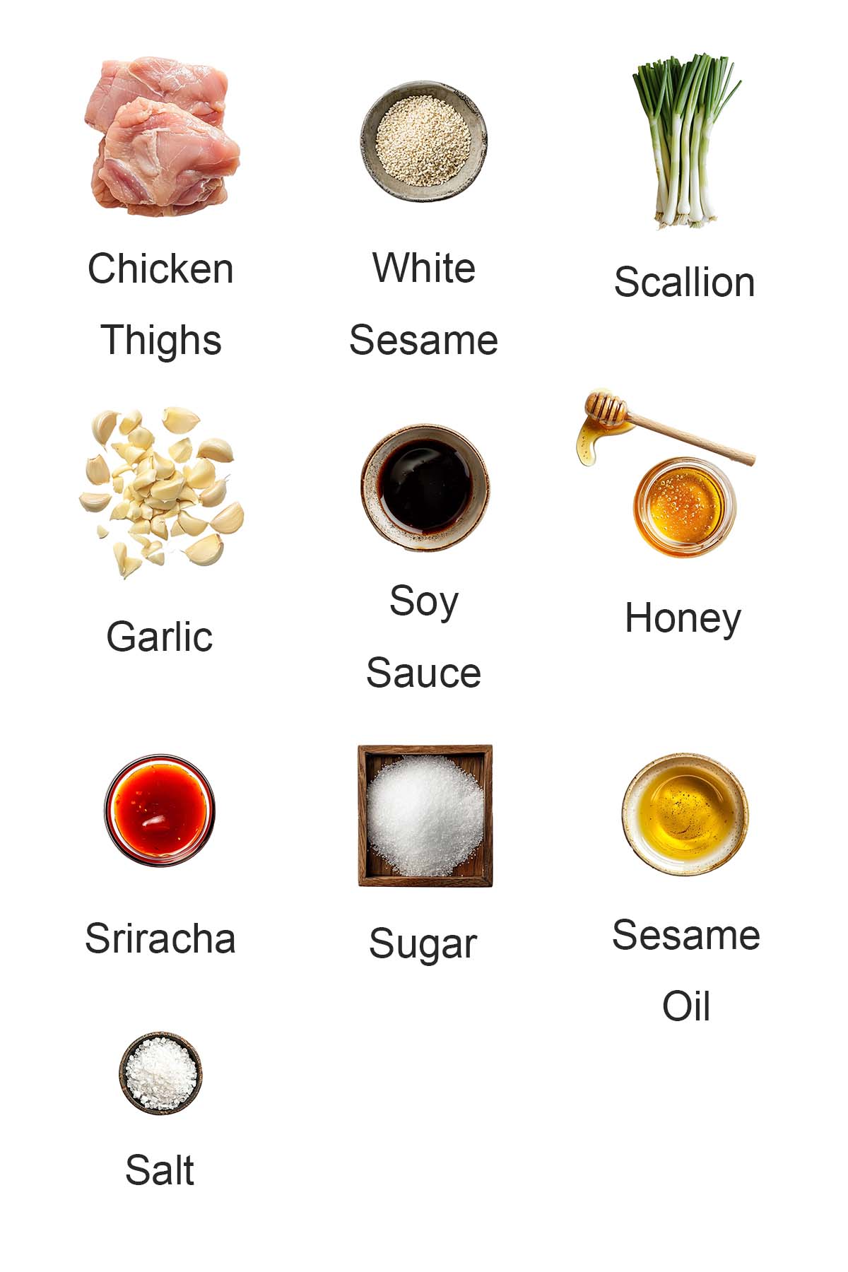 Ingredients for garlic sriracha chicken.