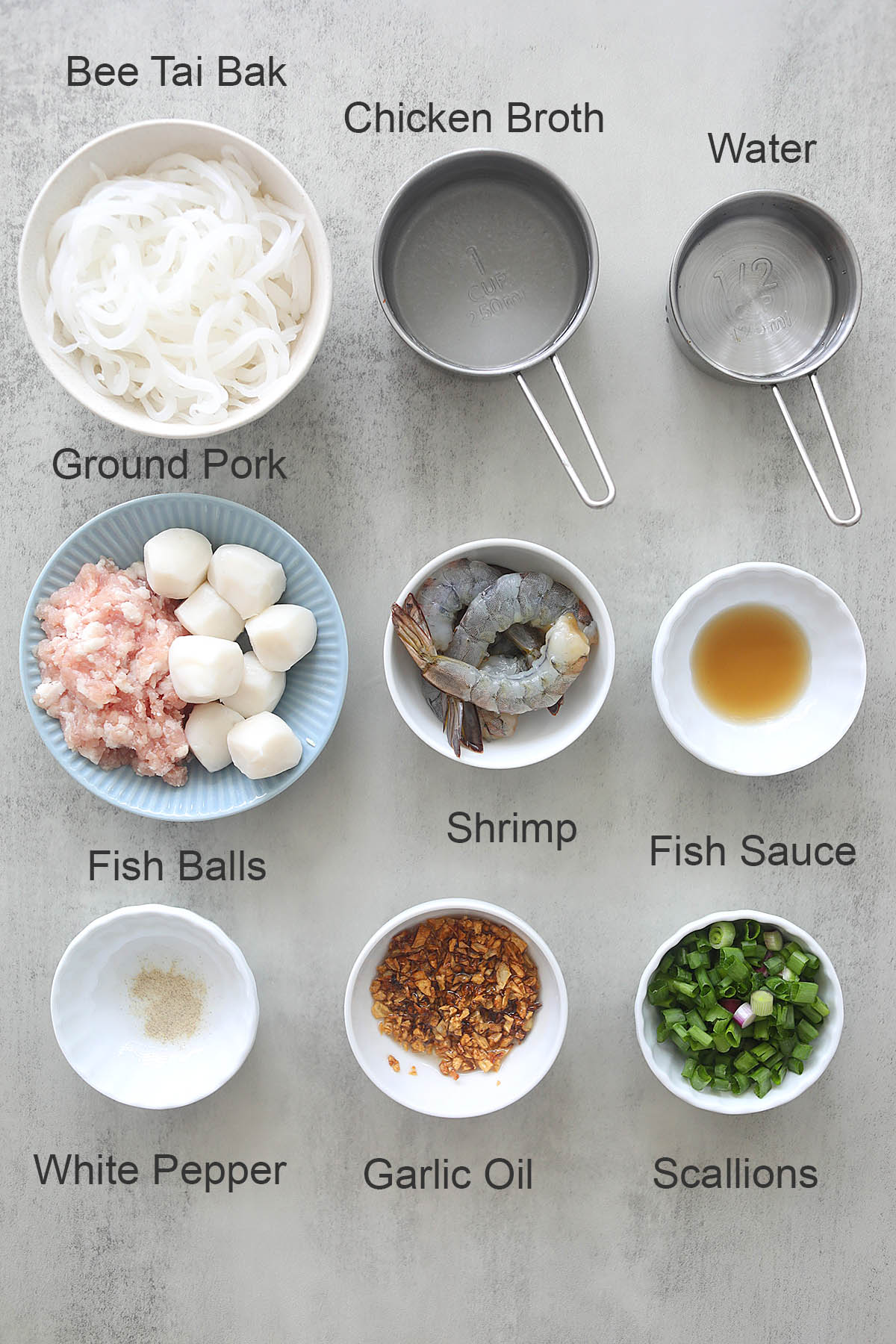 All ingredients for rice noodle soup.