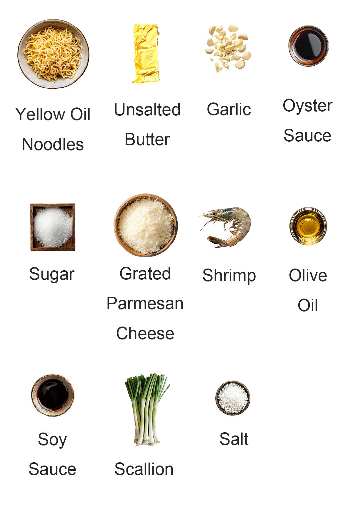 Ingredients for shrimp garlic noodles.