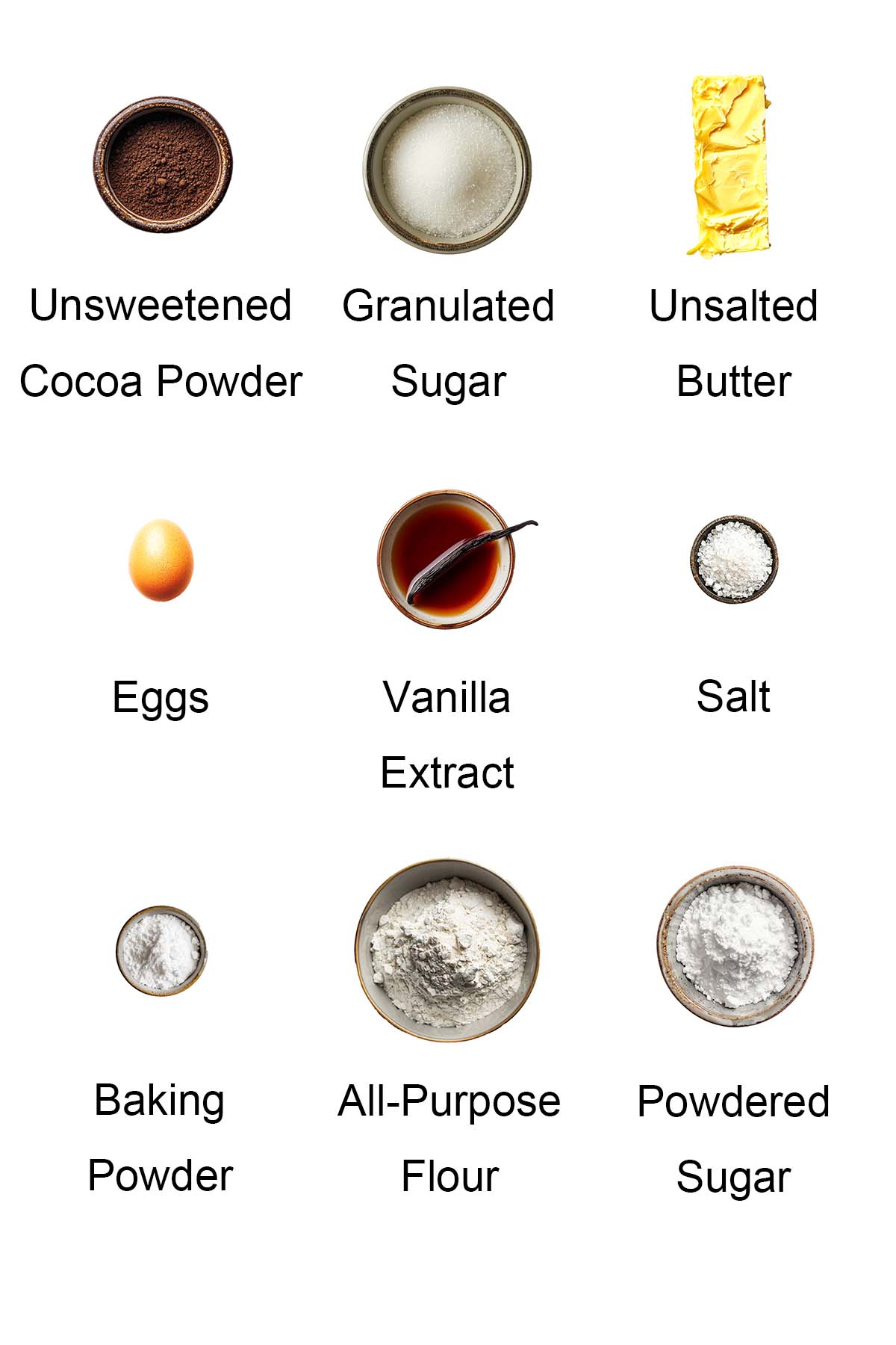 Ingredients for chocolate crinkle cookies.