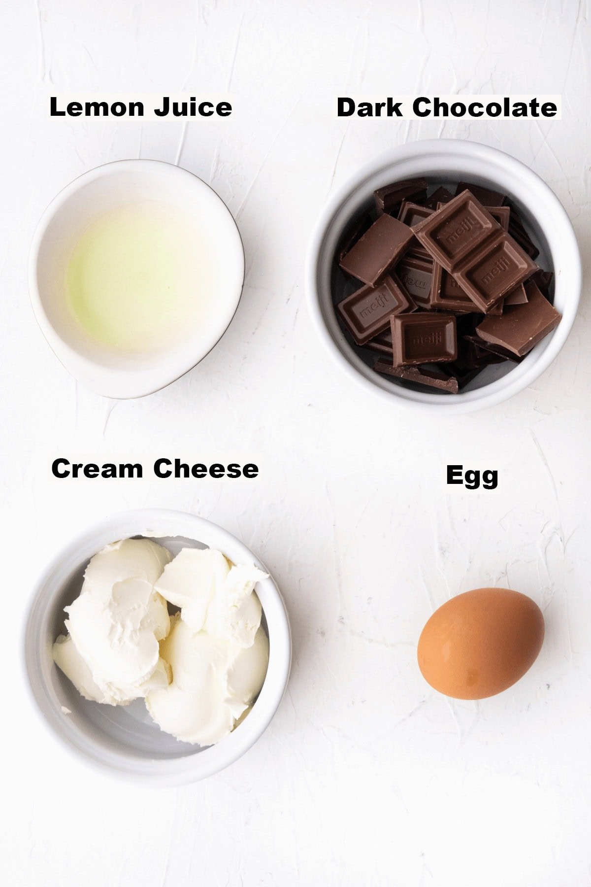 Ingredients for Japanese chocolate cheesecake recipe.