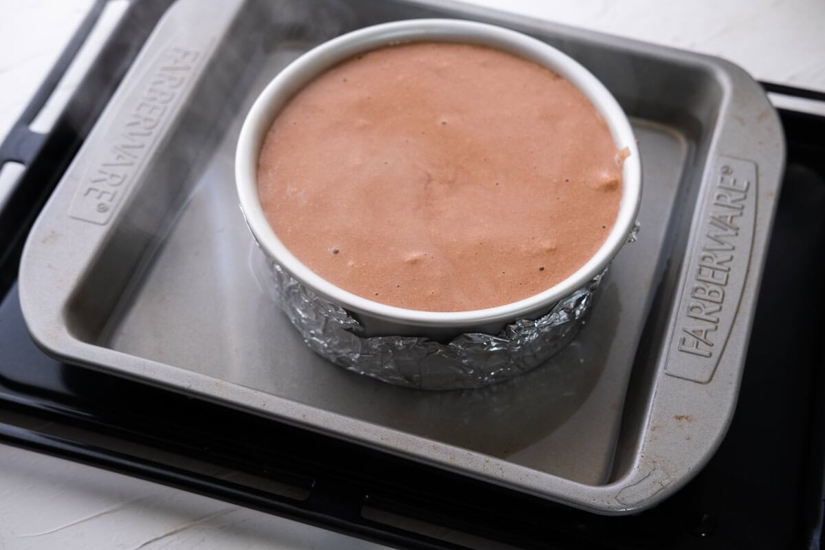 Japanese chocolate cheesecake batter in a baking tin.