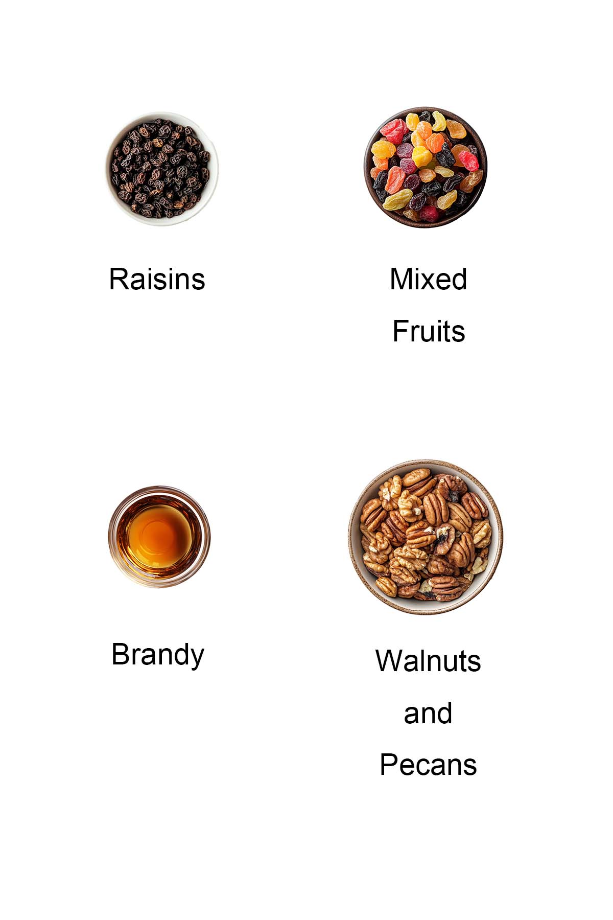 Ingredients for mixed fruits and brandy.