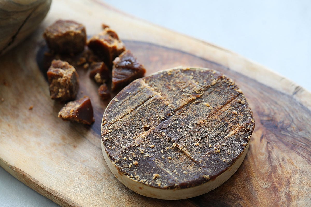 Gula Melaka on a wooden board.