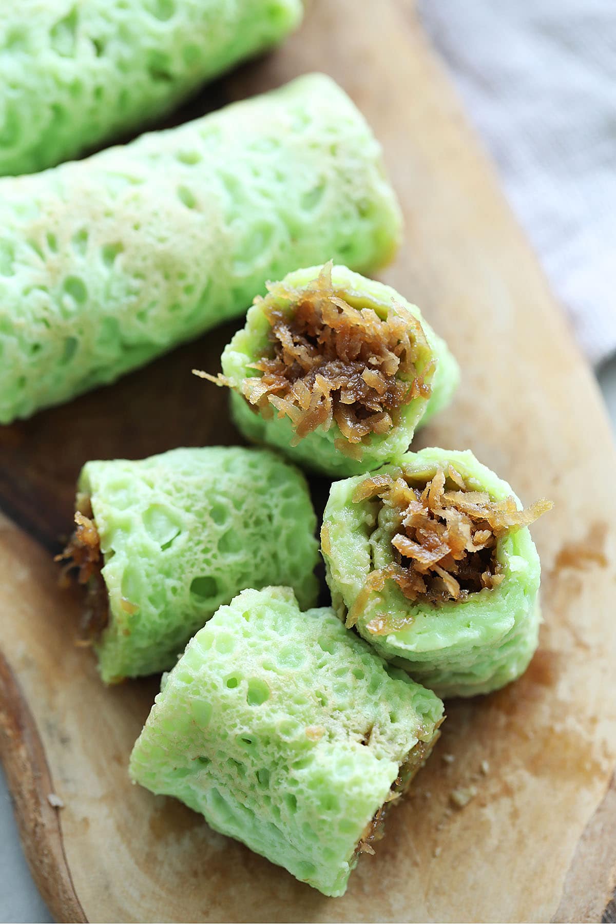 Kuih dadar with coconut filling (inti).