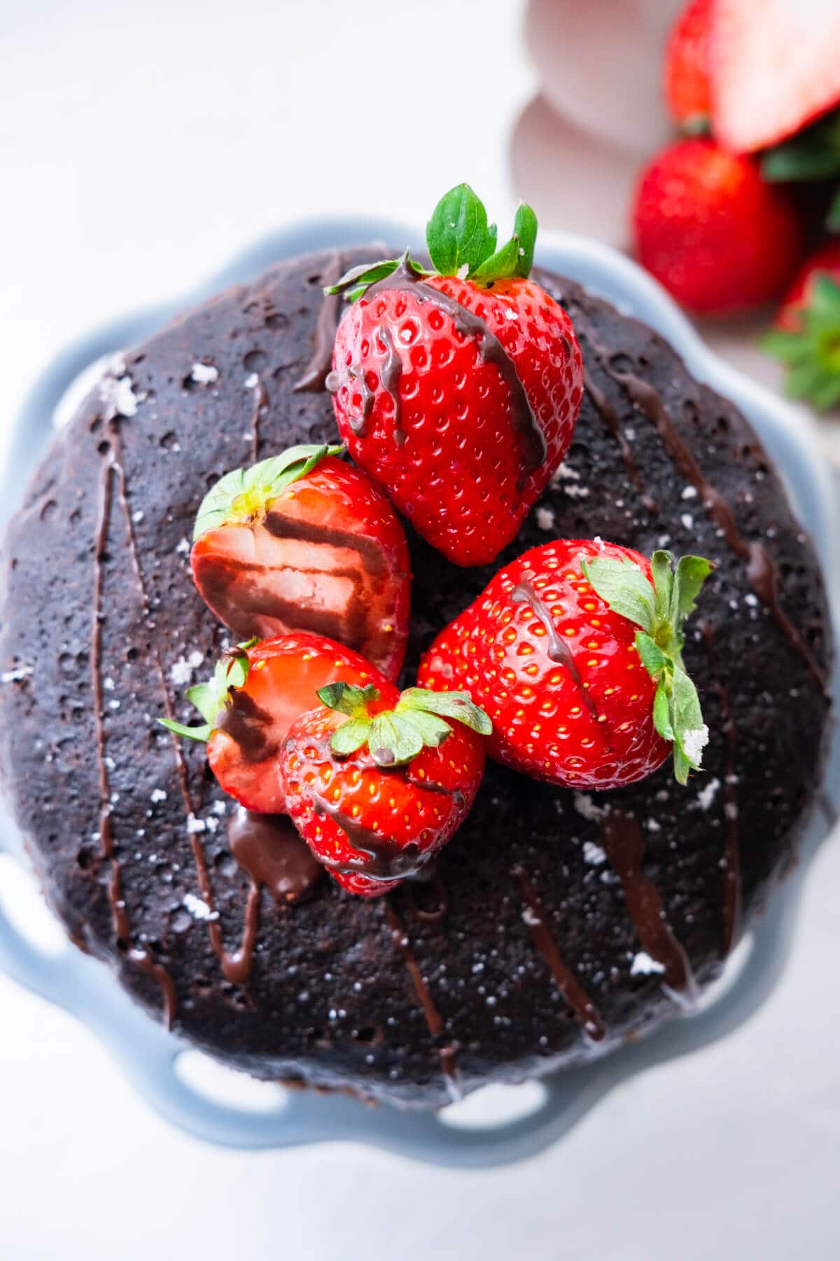 Top down view of a piece of easy no bake chocolate cake, served in a plate.