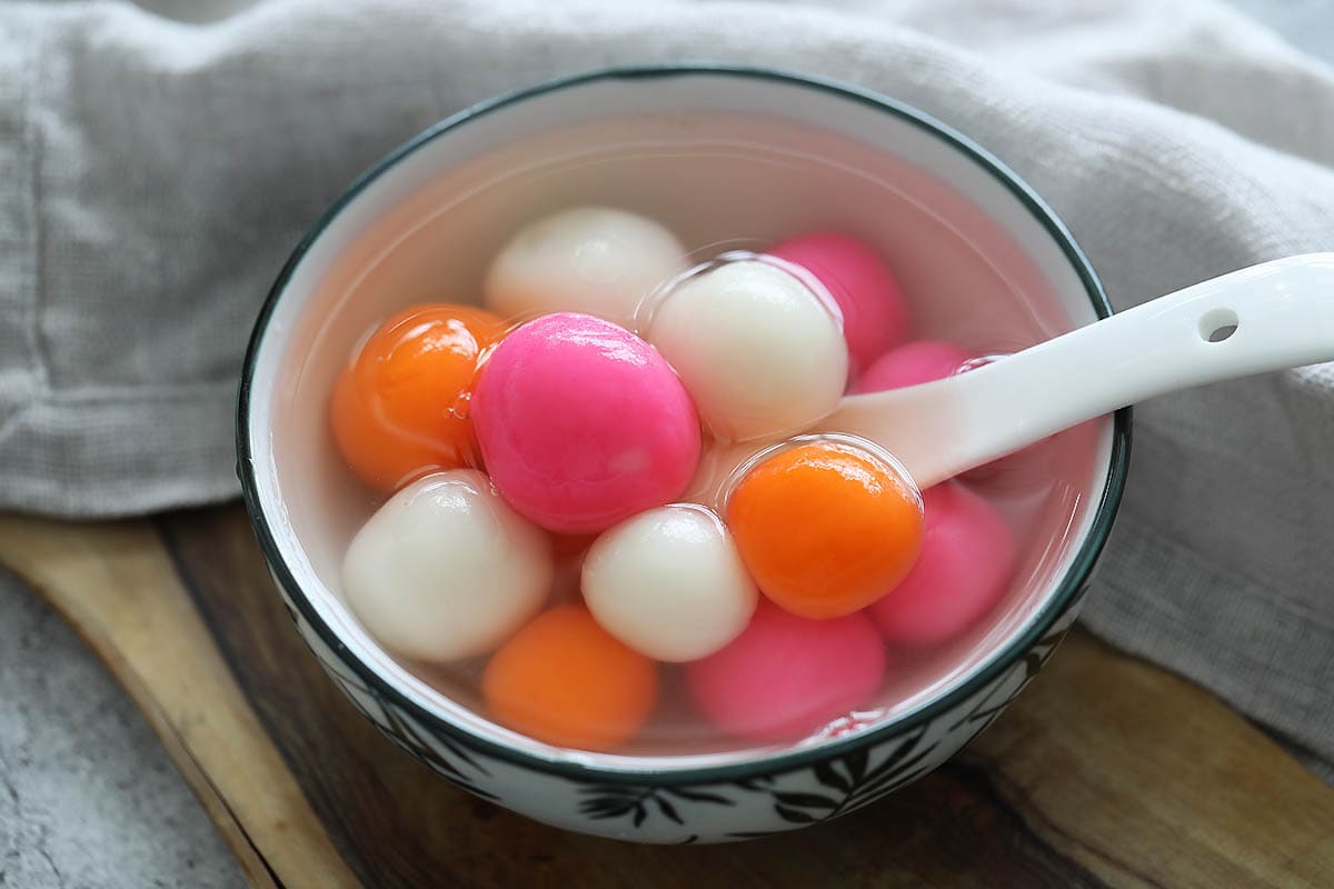 Tangyuan in soup served in a bowl.