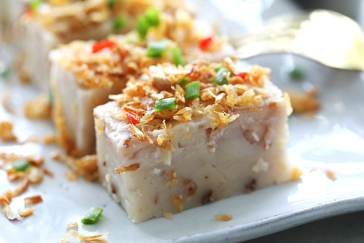 Yam cake or Orh Kuih, sliced into pieces and ready to serve. 