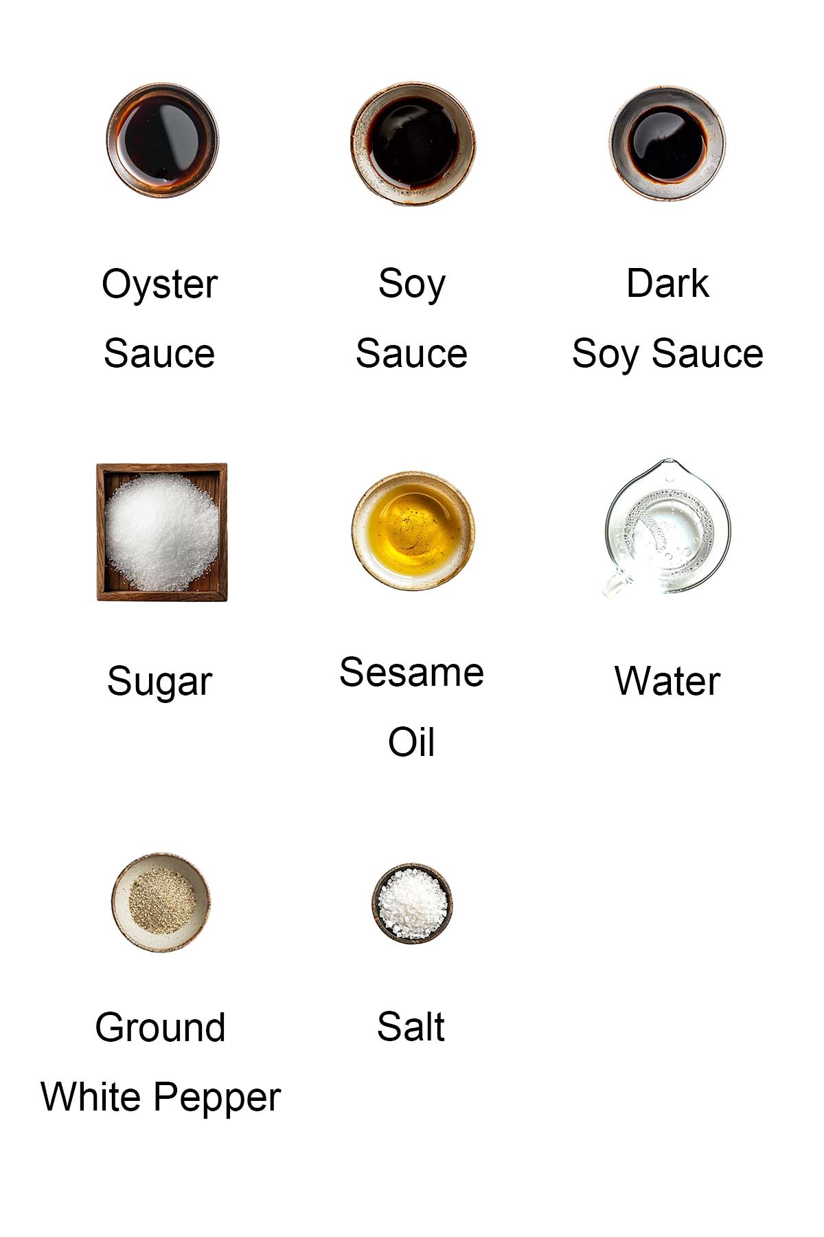 Ingredients for chow mein sauce.