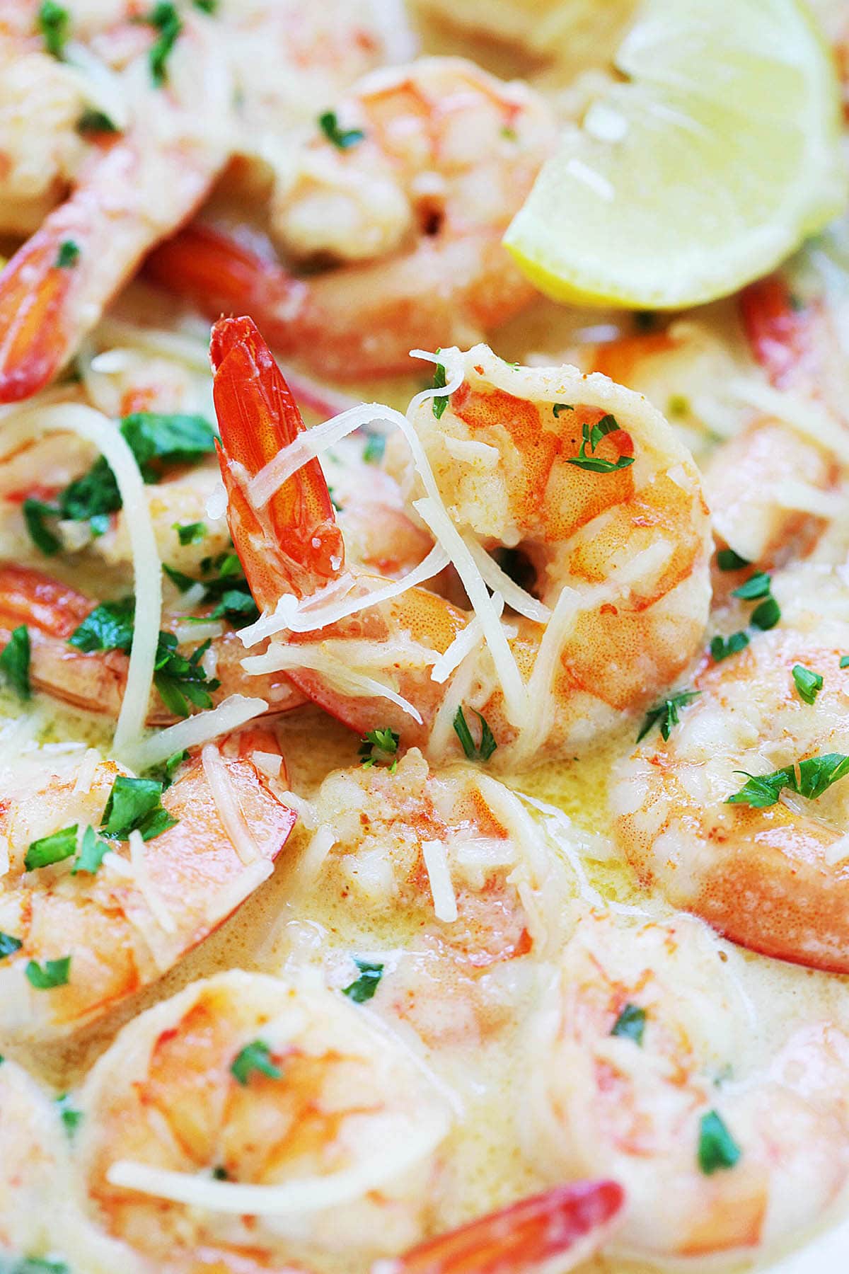 Garlic butter shrimp in a creamy sauce.