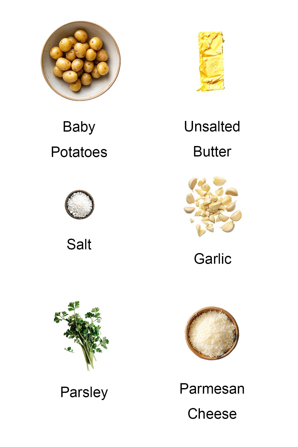 Ingredients for garlic parmesan smashed potatoes.