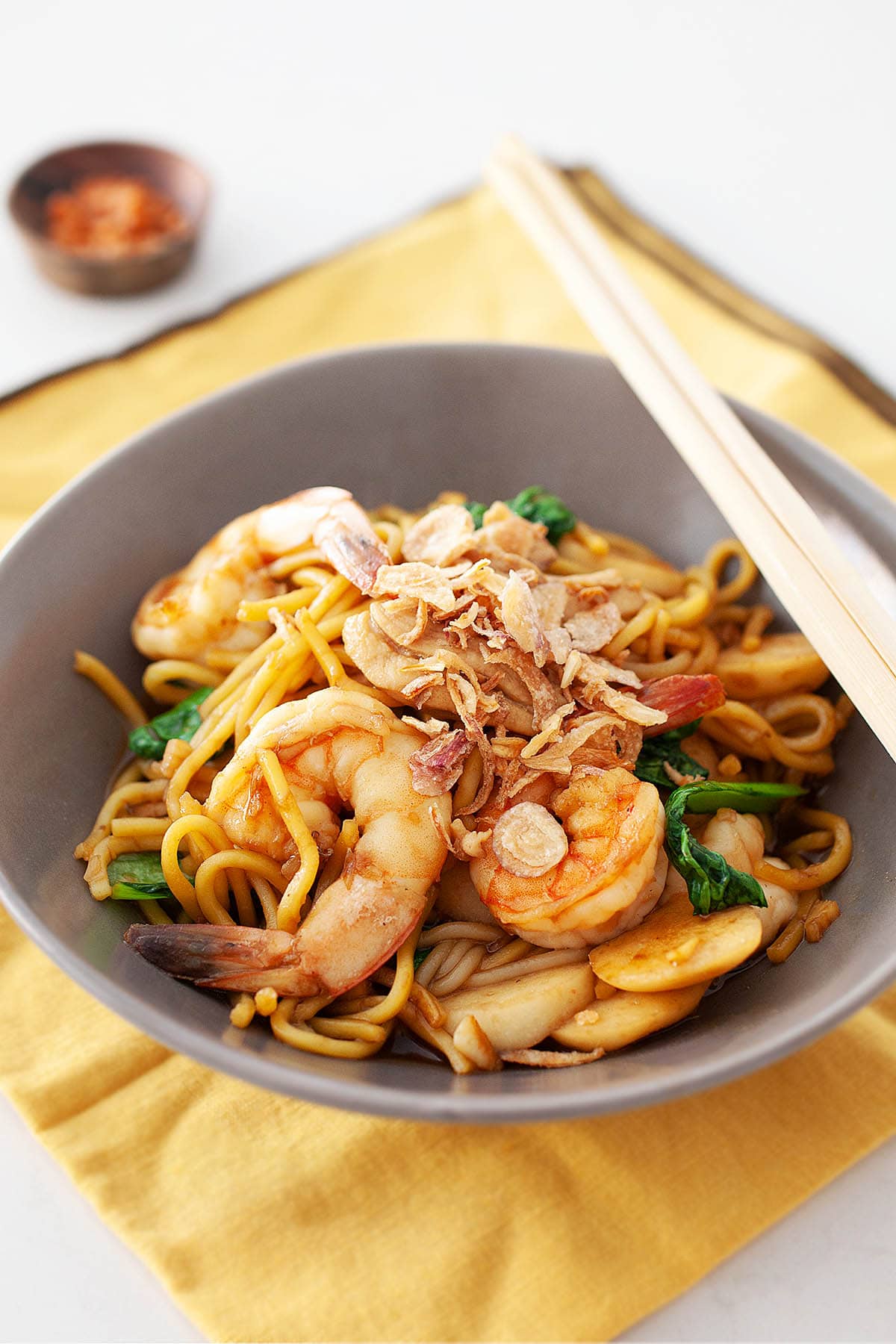 Hokkien char noodles with shrimp, pork and fish balls.