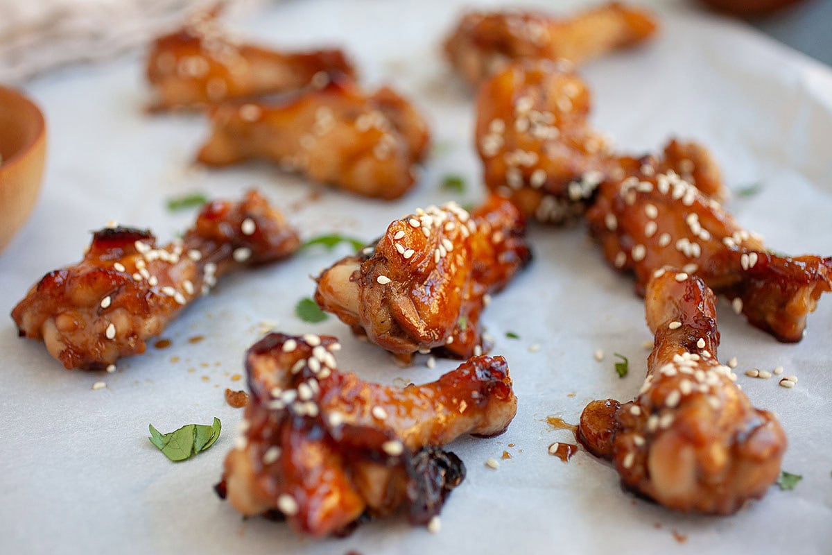 Asian honey & soy chicken wings ready to serve.