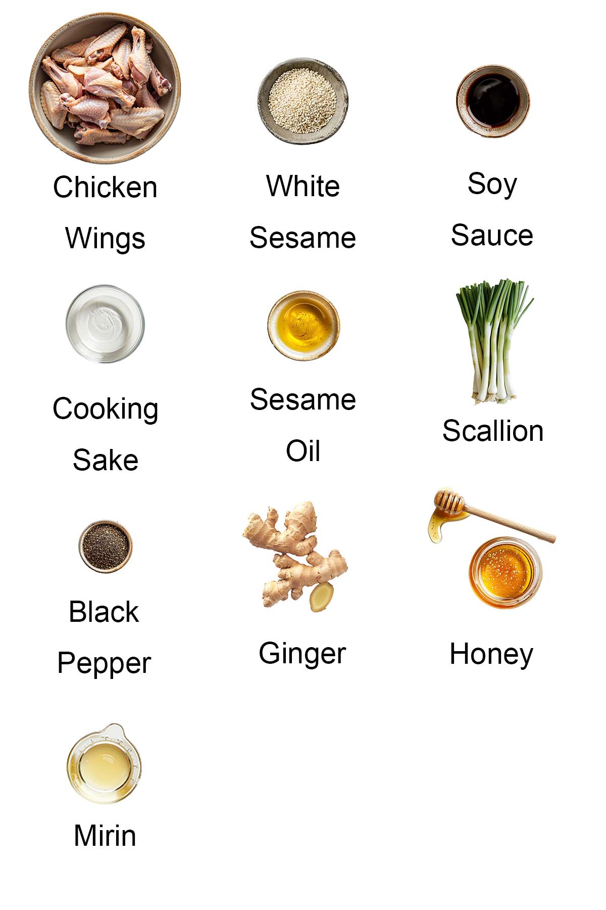 Ingredients for honey soy chicken wings.