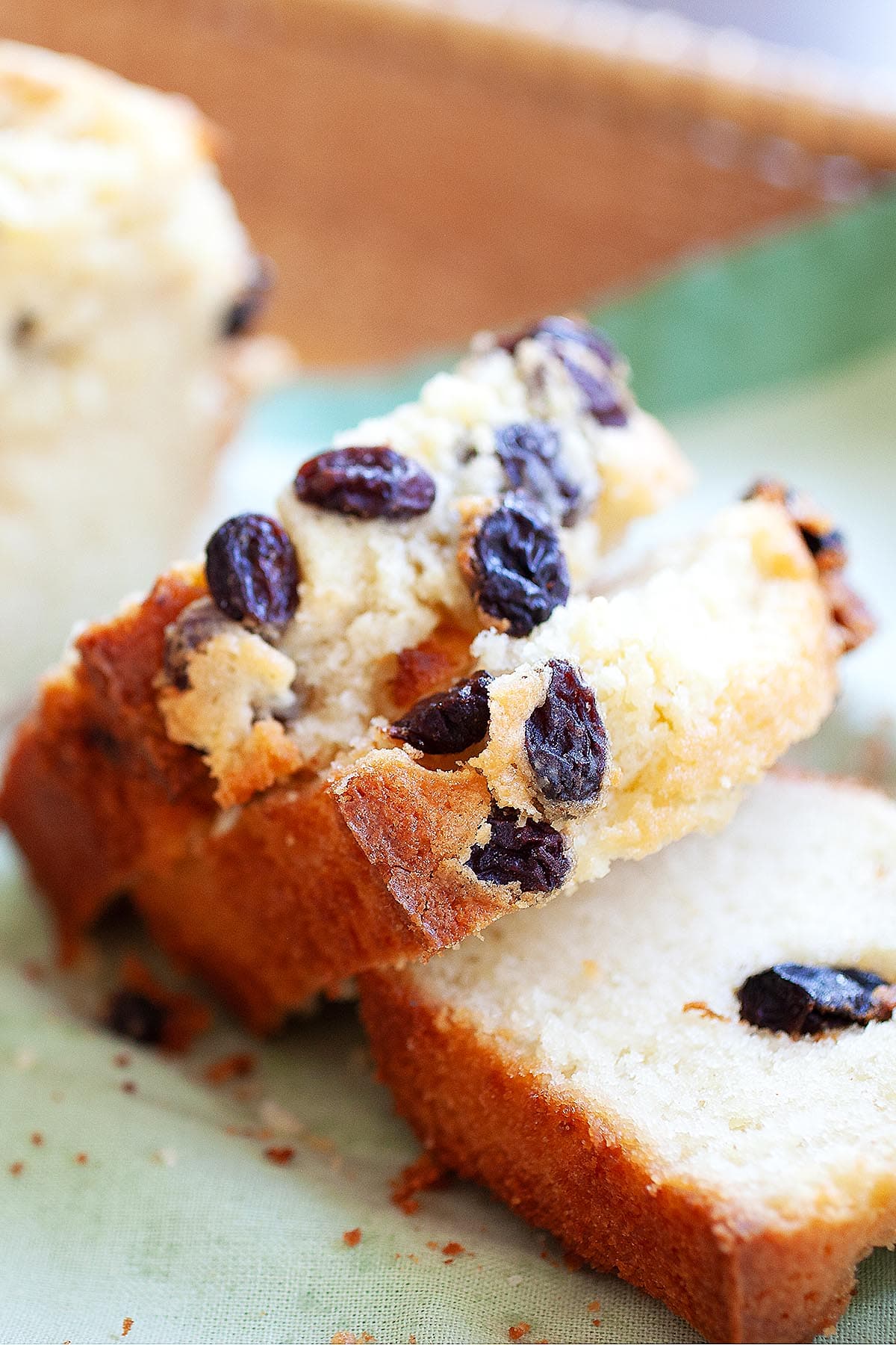 Raisin butter cake, sliced into pieces.