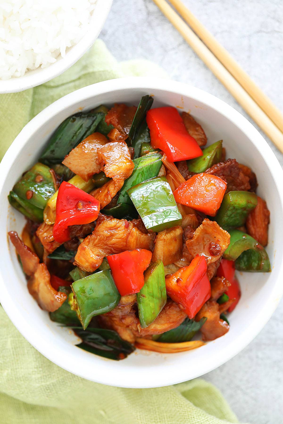 Twice-cooked pork (hui guo rou) with bell peppers and leeks.