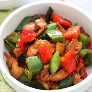 Sichuan twice cooked pork served in a bowl.