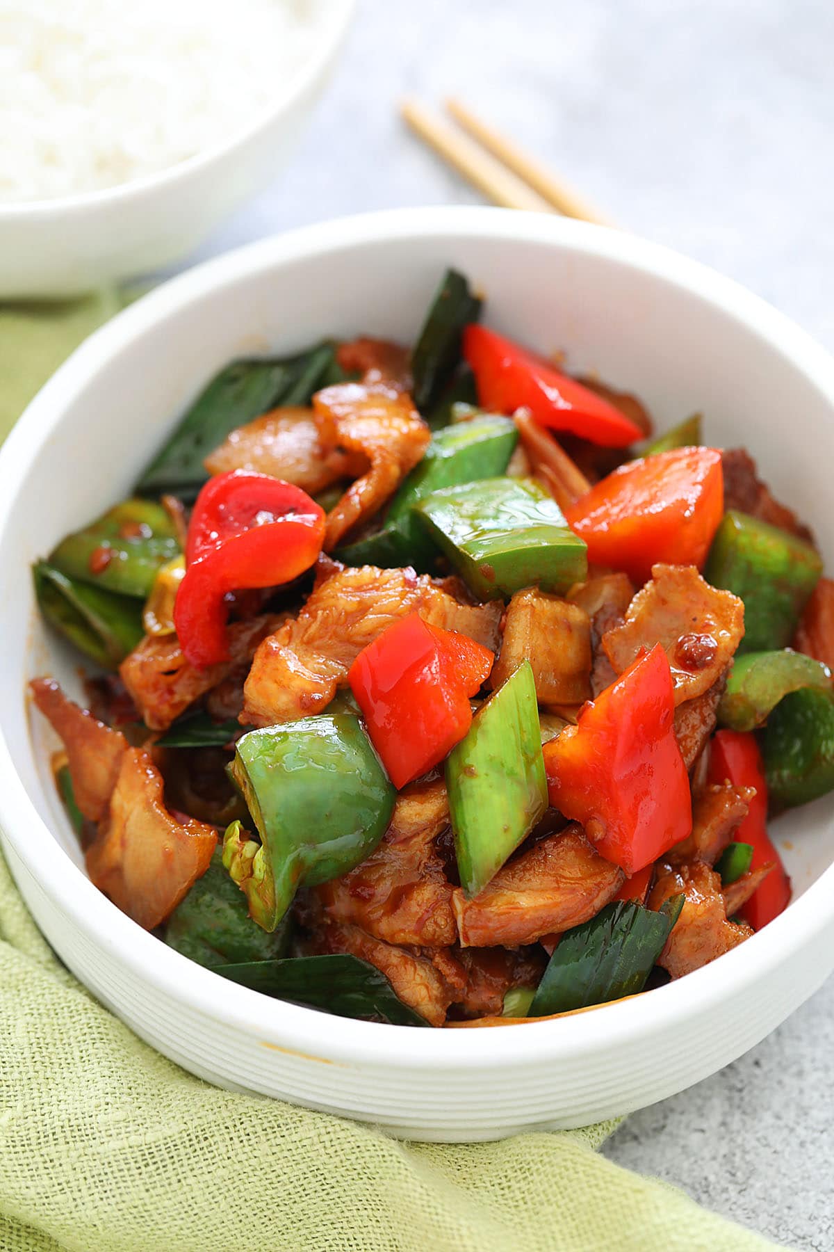 Sichuan twice cooked pork served in a bowl.