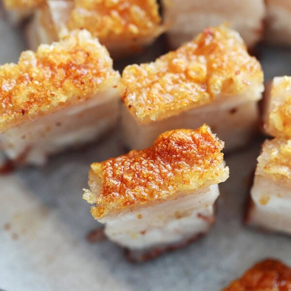 Air fryer pork belly with crispy and golden skin.