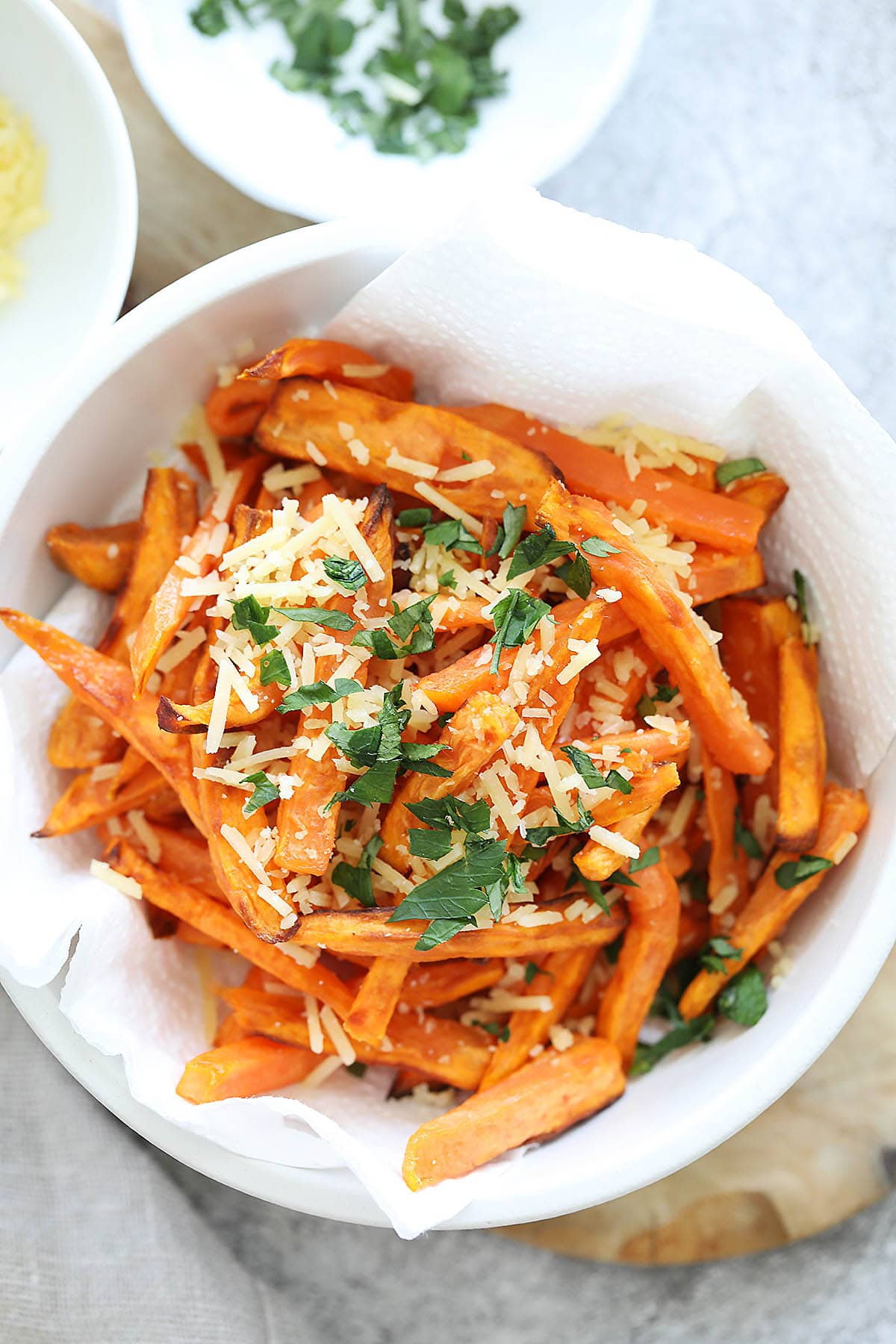 Crispy air fryer sweet potato fries served in a bowl.