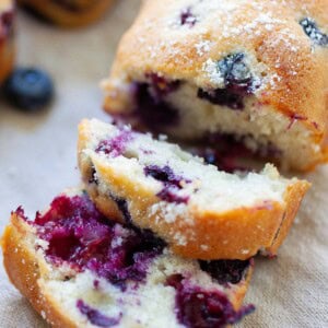 Healthy blueberry cake, sliced into pieces.