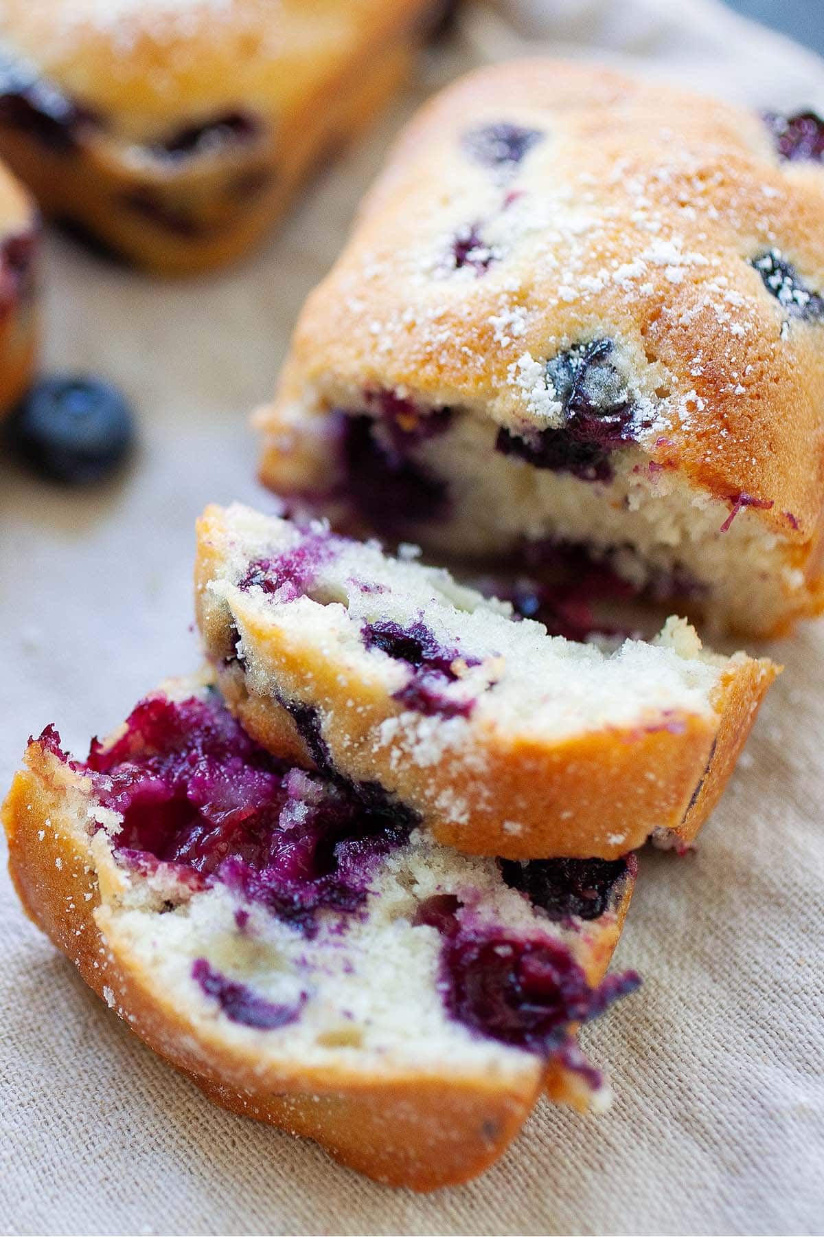 Healthy blueberry cake, sliced into pieces.