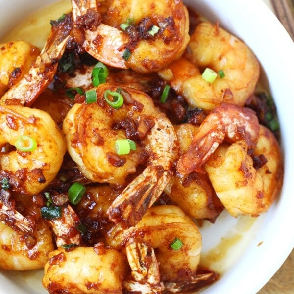 Chinese garlic shrimp, served in a bowl.