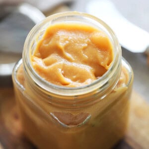 Coconut jam in a glass bottle.