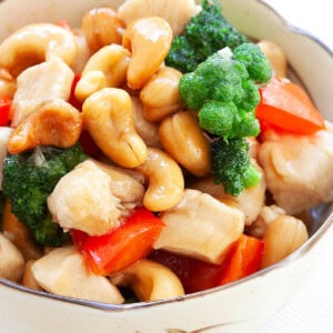 Honey cashew chicken stir fry served in a bowl.