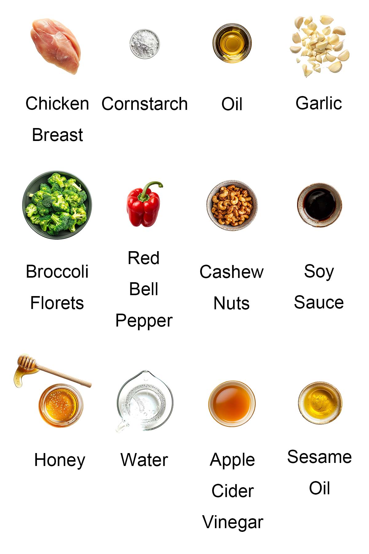 Ingredients for honey cashew chicken.