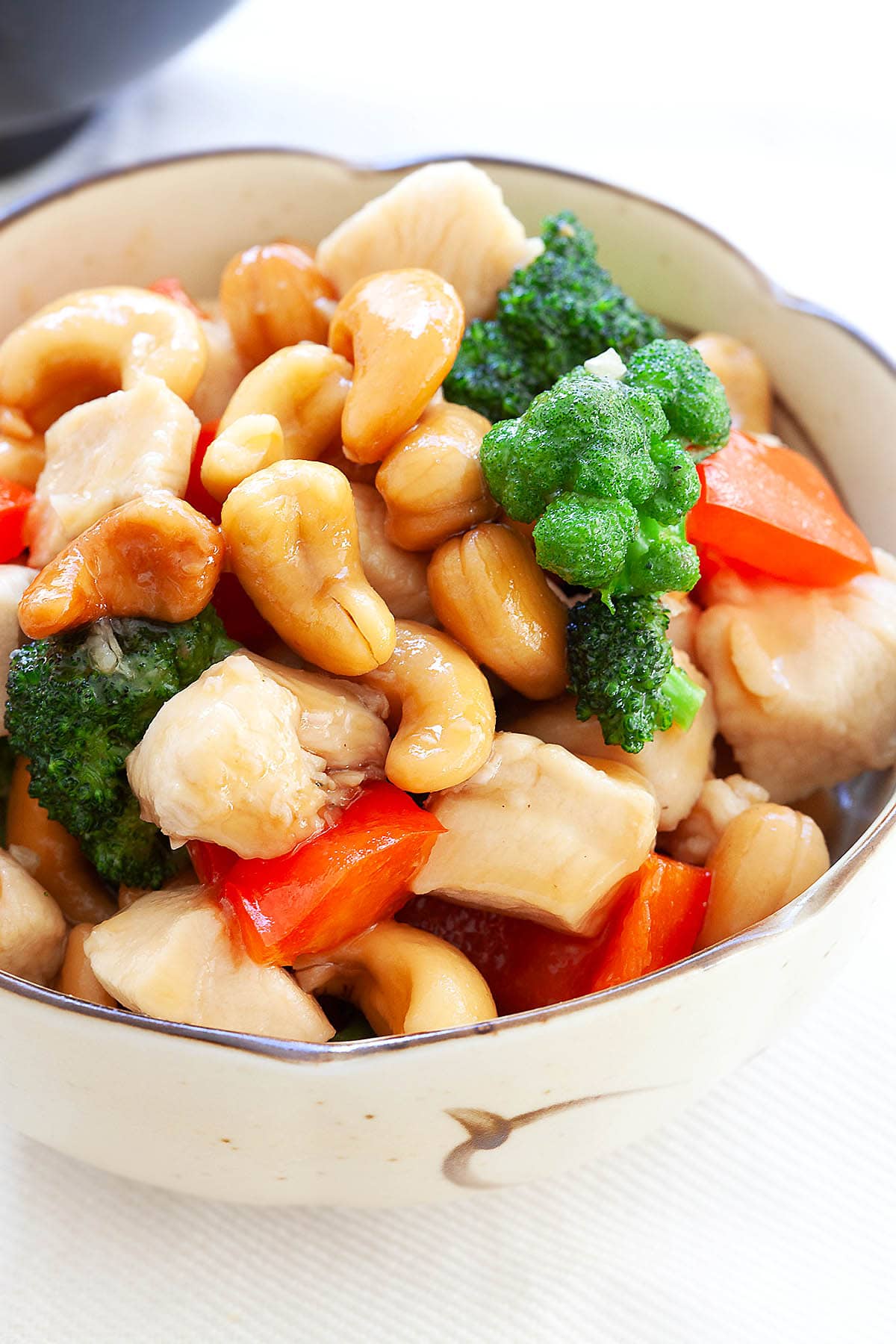 Honey cashew chicken stir fry served in a bowl.