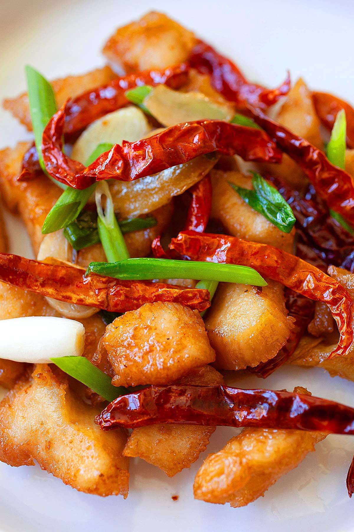 Sichuan chicken recipe with diced chicken, dried red chilies and scallions.