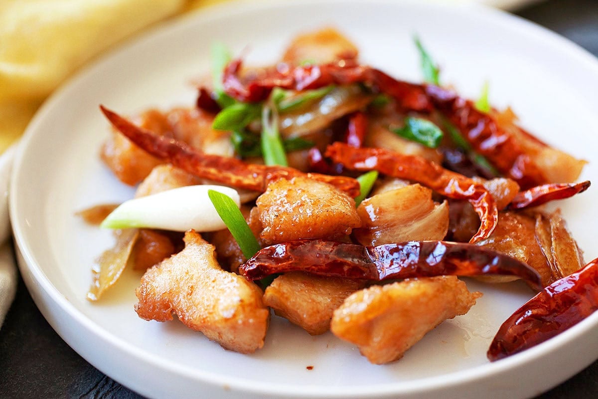 Mala Sichuan chicken served on a plate.