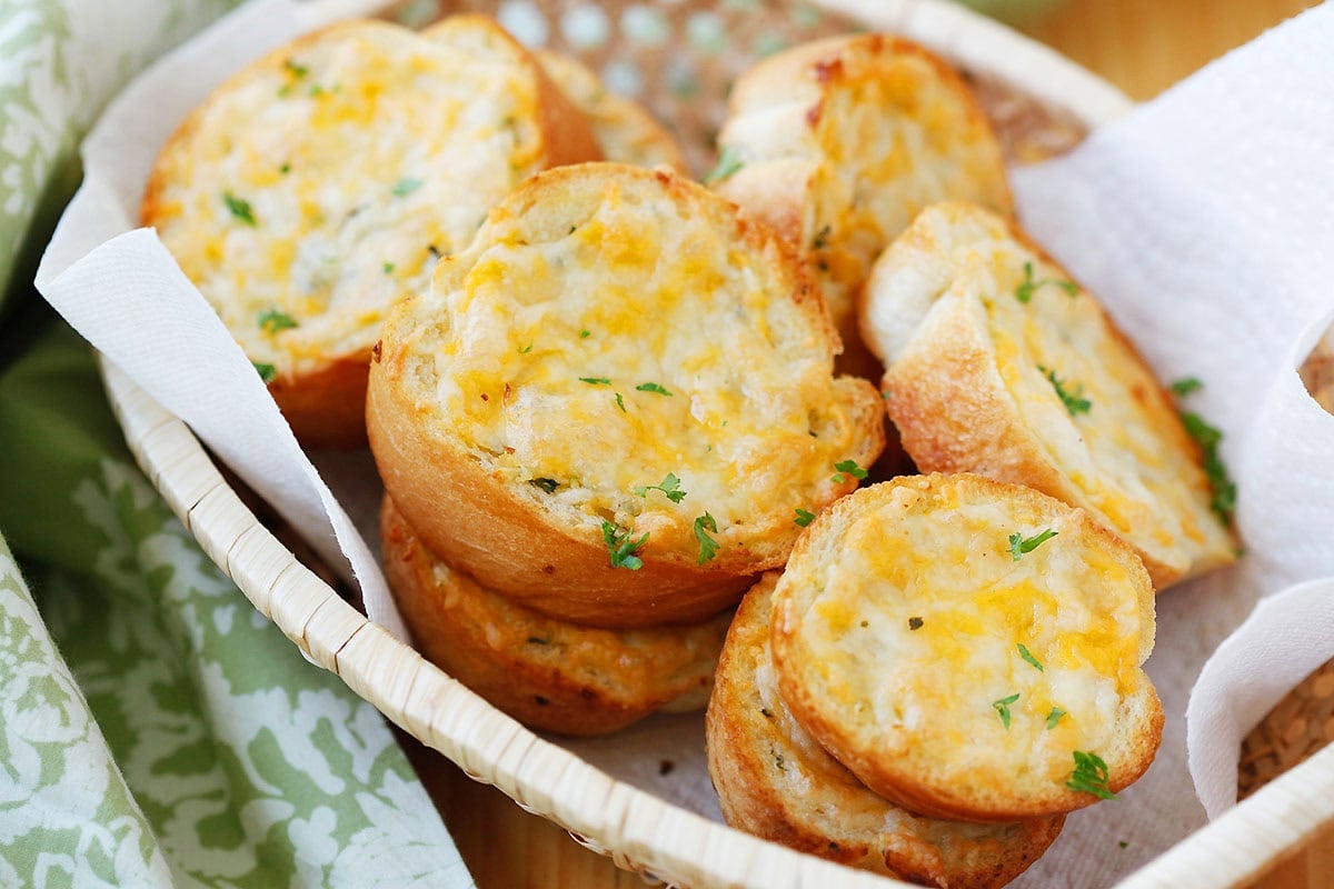 Golden Texas toast bread in a basket, ready to serve for breakfast.